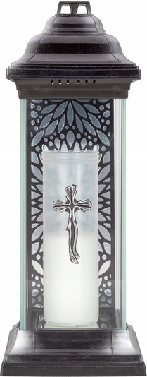 Lampa - znicz z wymiennym wkładem parafinowym, elegancki design z czarnym witrażem